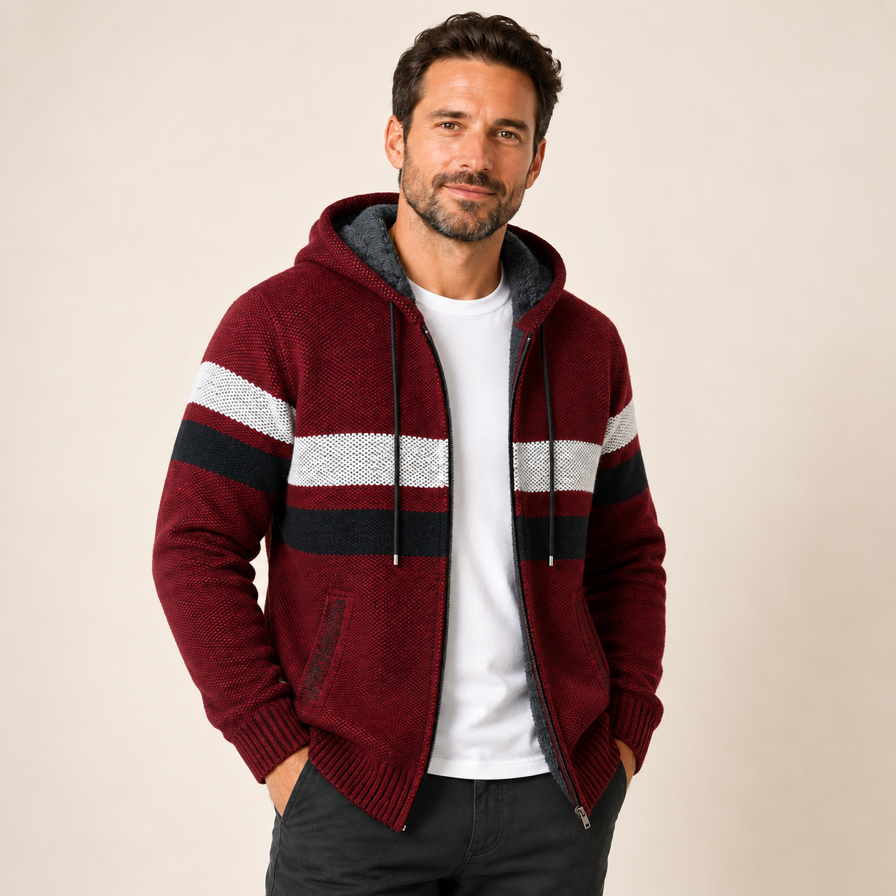 Herren Strickjacke mit Kapuze in Bordeaux, gestreifte Fleece-Strickjacke am Model