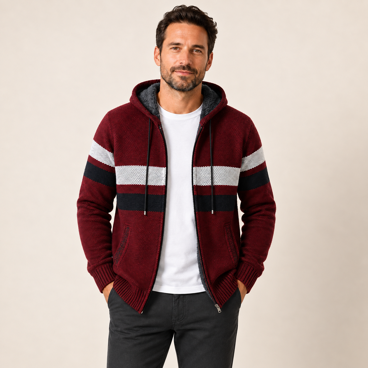 Herren Strickjacke mit Kapuze in Bordeaux, frontale Originalansicht mit Reißverschluss und Fleece-Futter