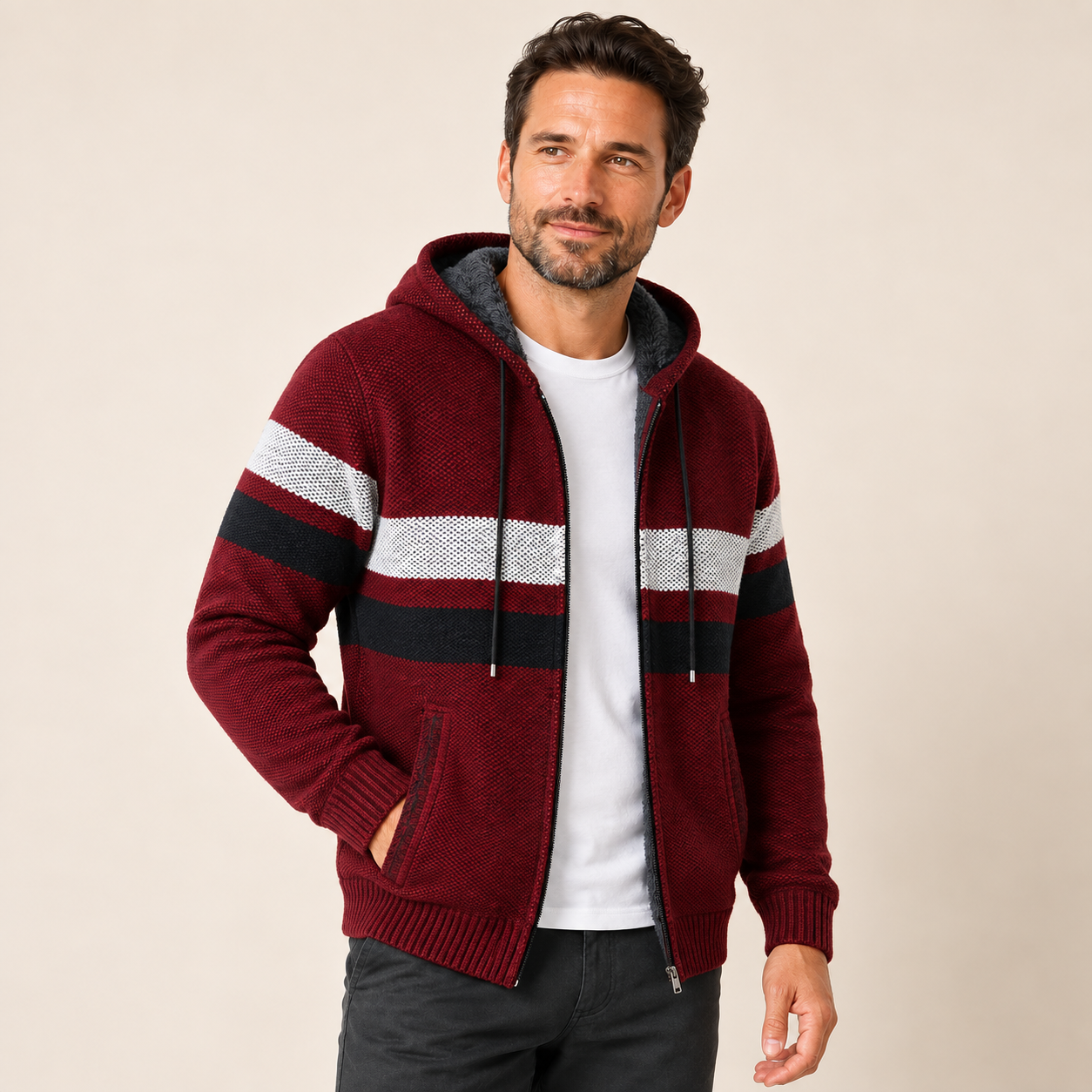 Herren Strickjacke mit Kapuze in Bordeaux, gestreifte Fleece-Strickjacke in Dreiviertelansicht