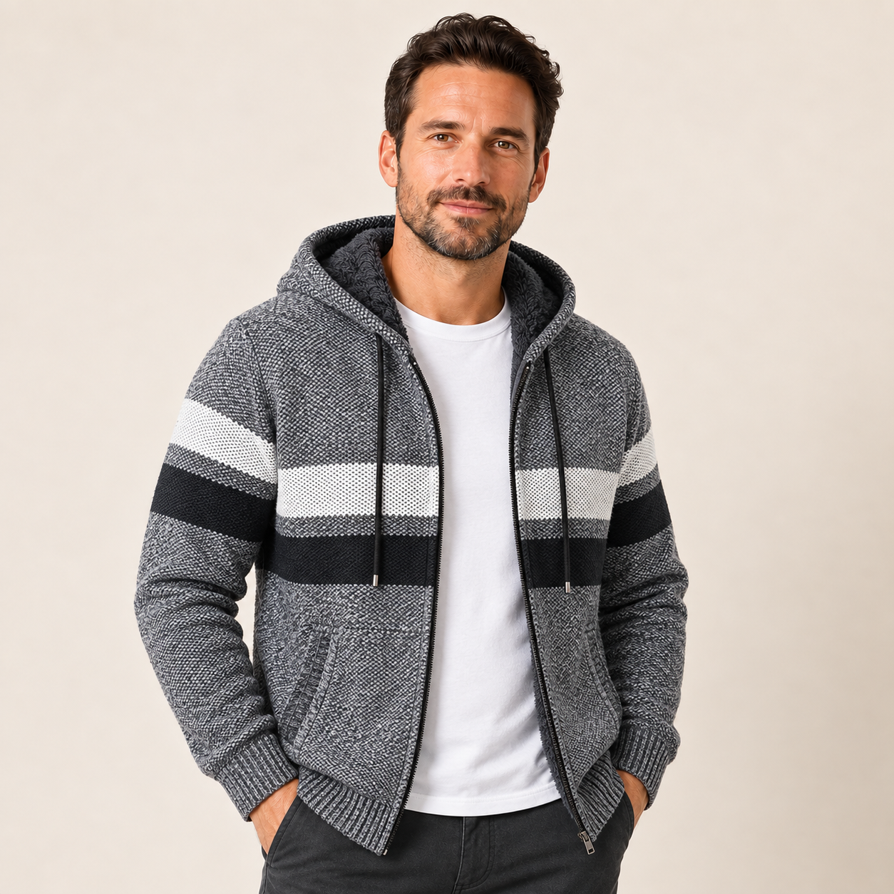 Herren Strickjacke mit Kapuze in Hellgrau, hellgraue gestreifte Fleece-Strickjacke am Model