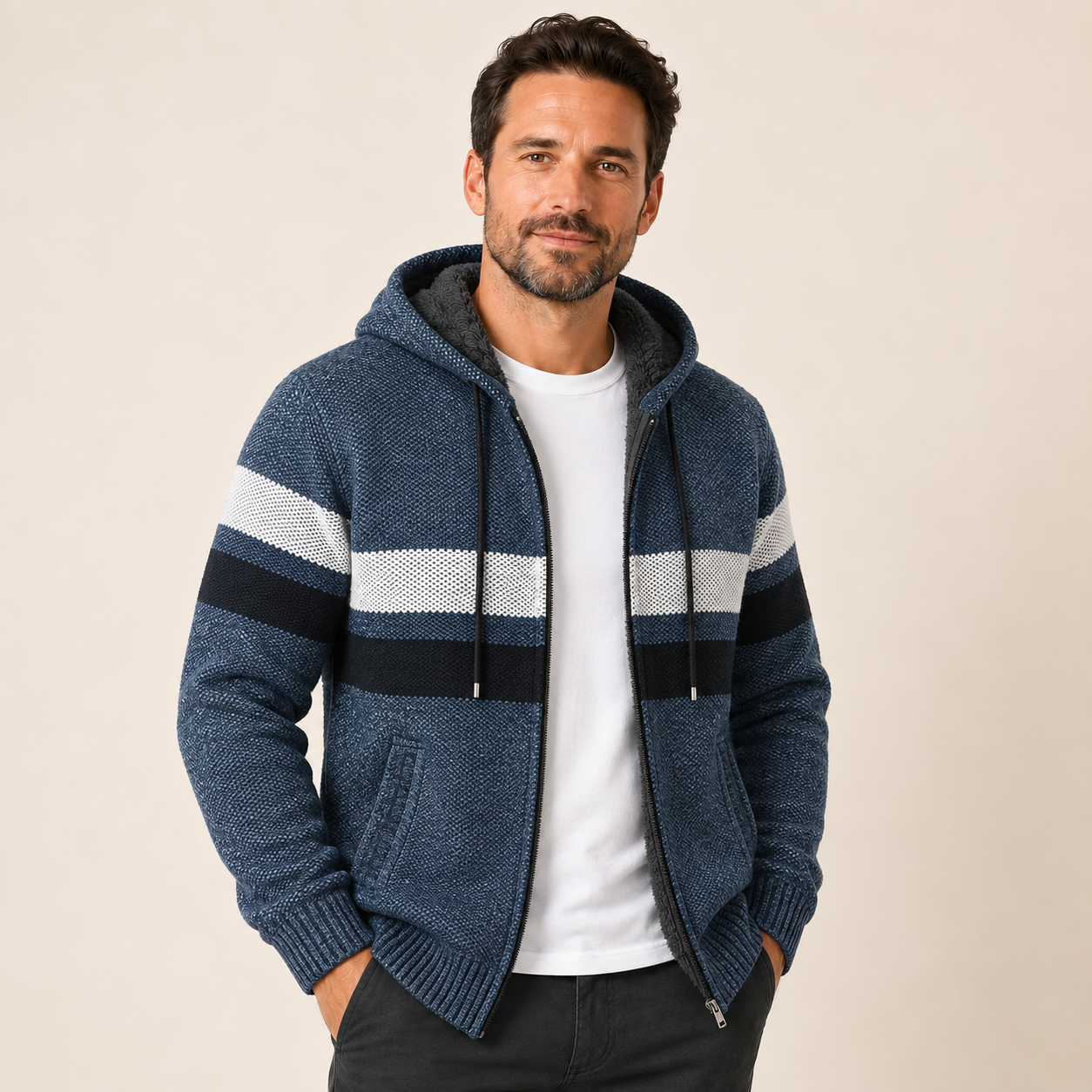 Herren Strickjacke mit Kapuze in Blau, blaue gestreifte Fleece-Strickjacke am Model