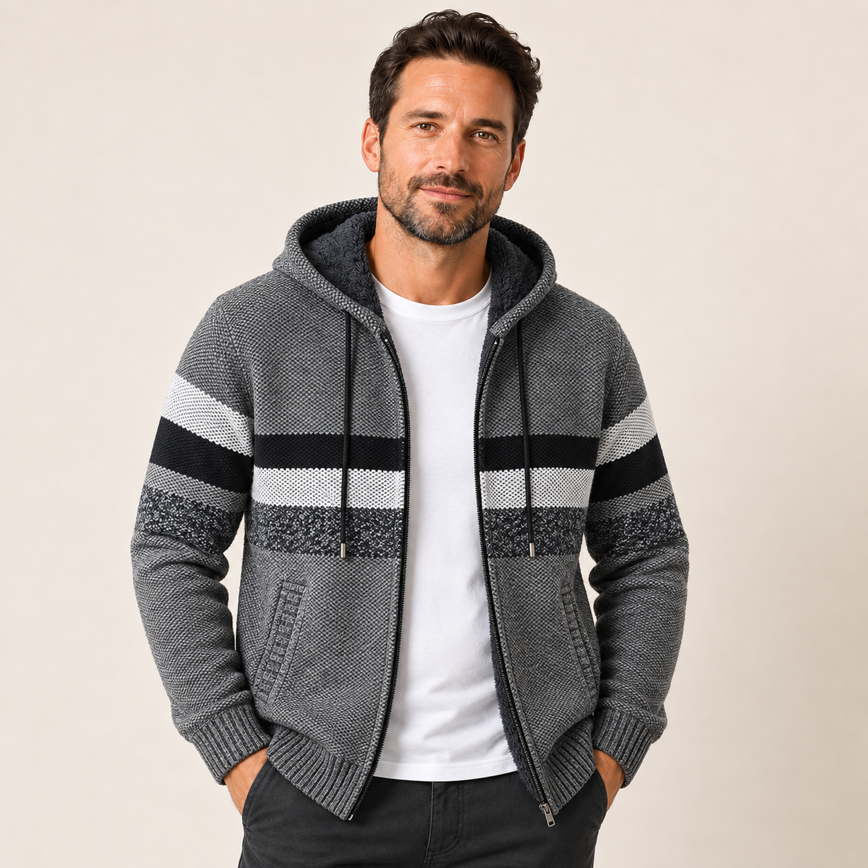 Herren Strickjacke mit Kapuze in Dunkelgrau, dunkelgraue gestreifte Fleece-Strickjacke am Model