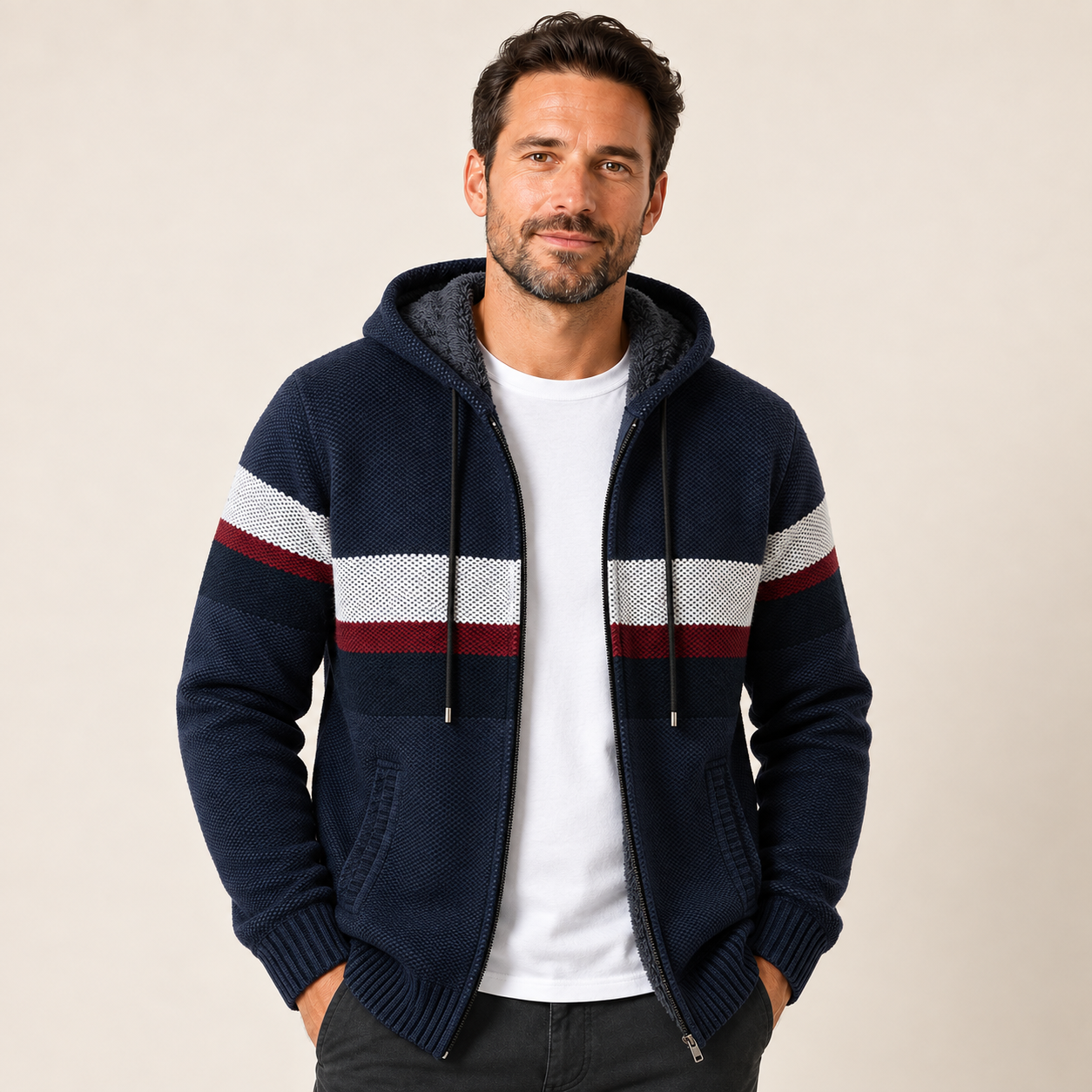 Herren Strickjacke mit Kapuze in Marineblau, marineblaue gestreifte Fleece-Strickjacke am Model
