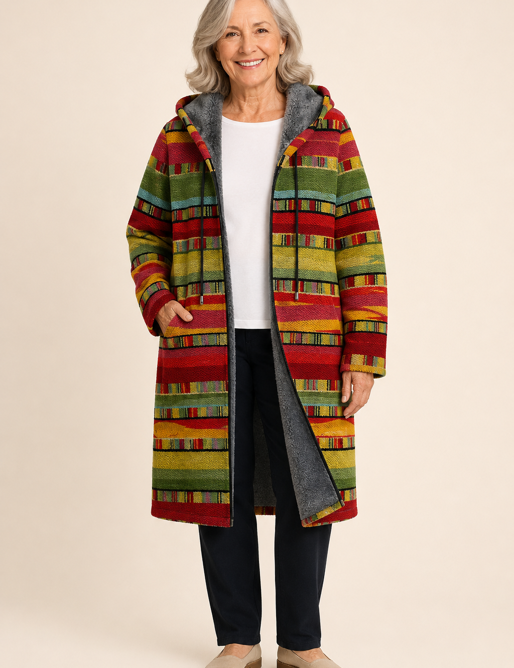 Iluka | Luxurious Cardigan mit künstlerisch Inspiration – warmbeiger Studiohintergrund