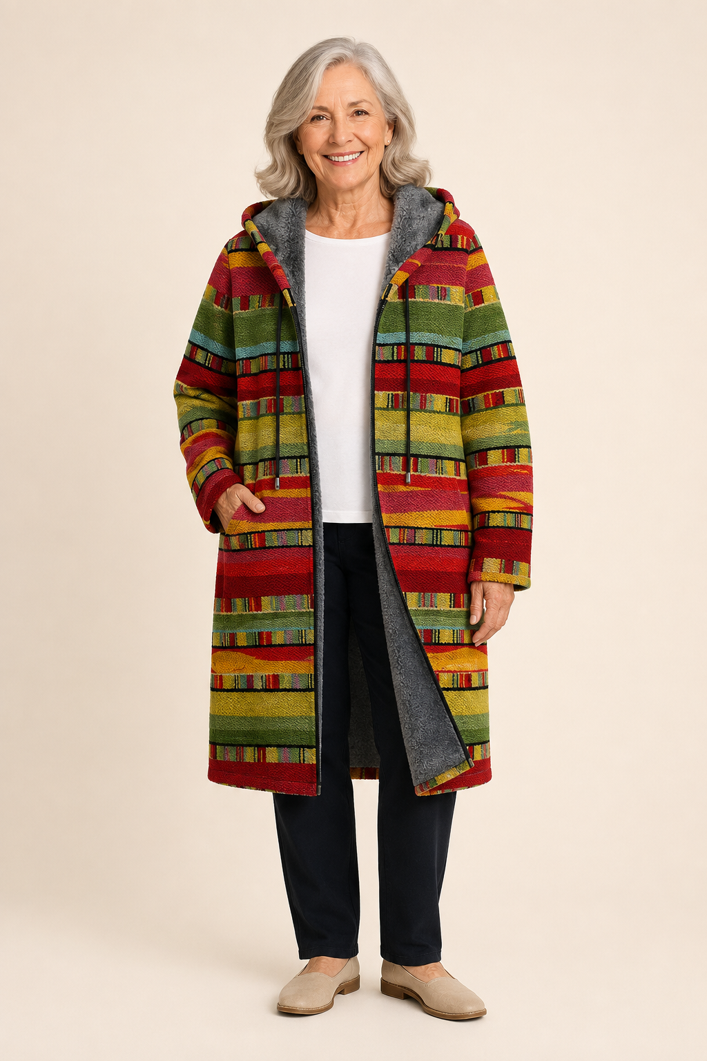 Iluka | Luxurious Cardigan mit künstlerisch Inspiration – warmbeiger Studiohintergrund