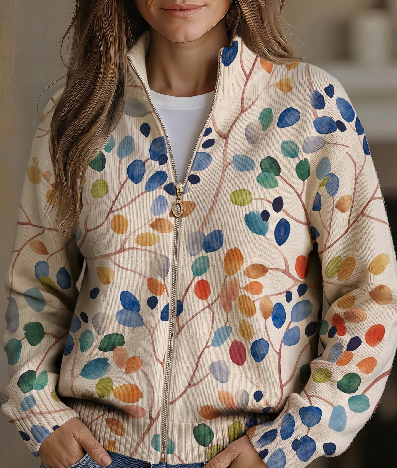 Imogene | Damen’s Cardigan mit botanical leaf pattern und Reißverschluss – Bild 1