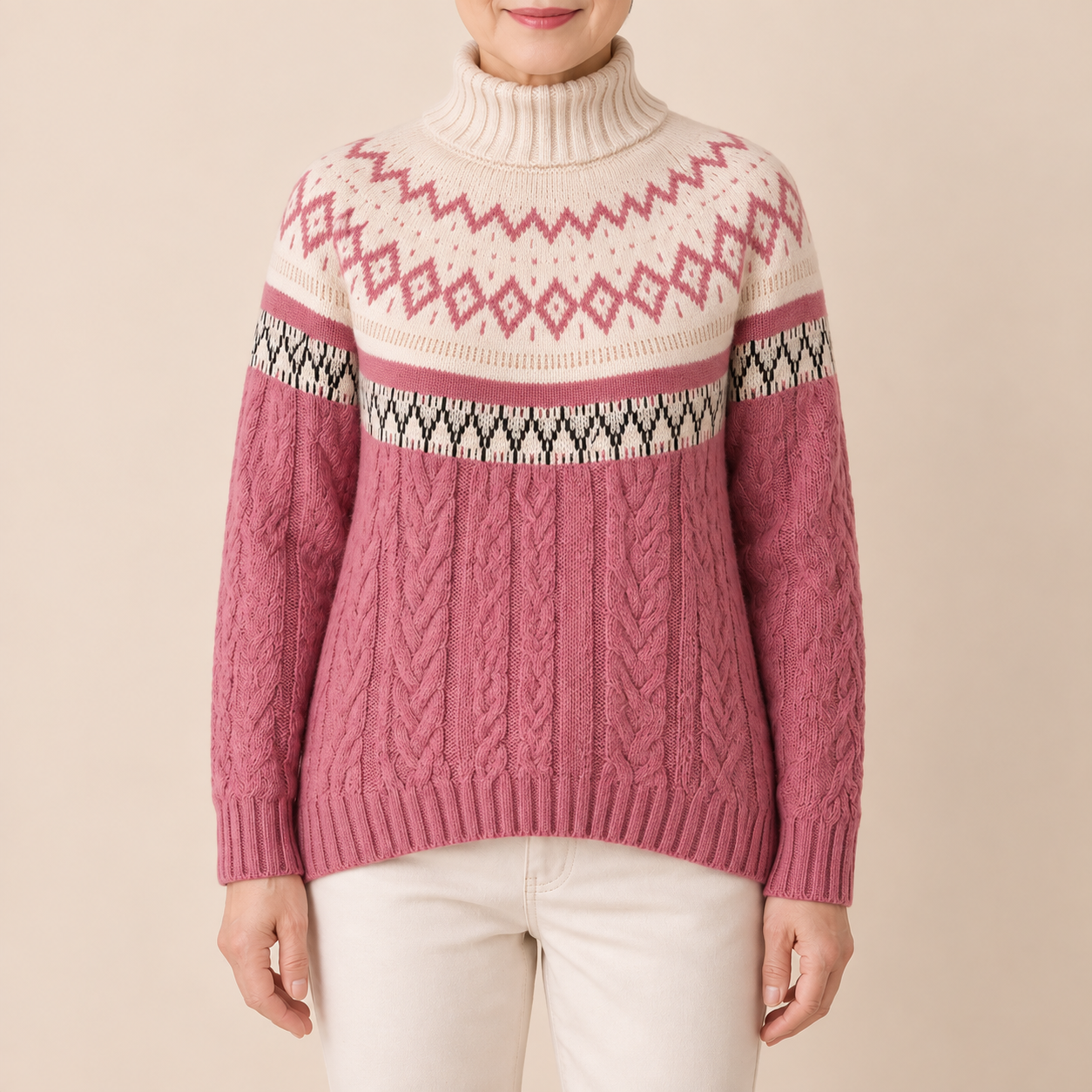 Ingrid rosa Nordpullover – vollständige Produktansicht auf beigem Hintergrund