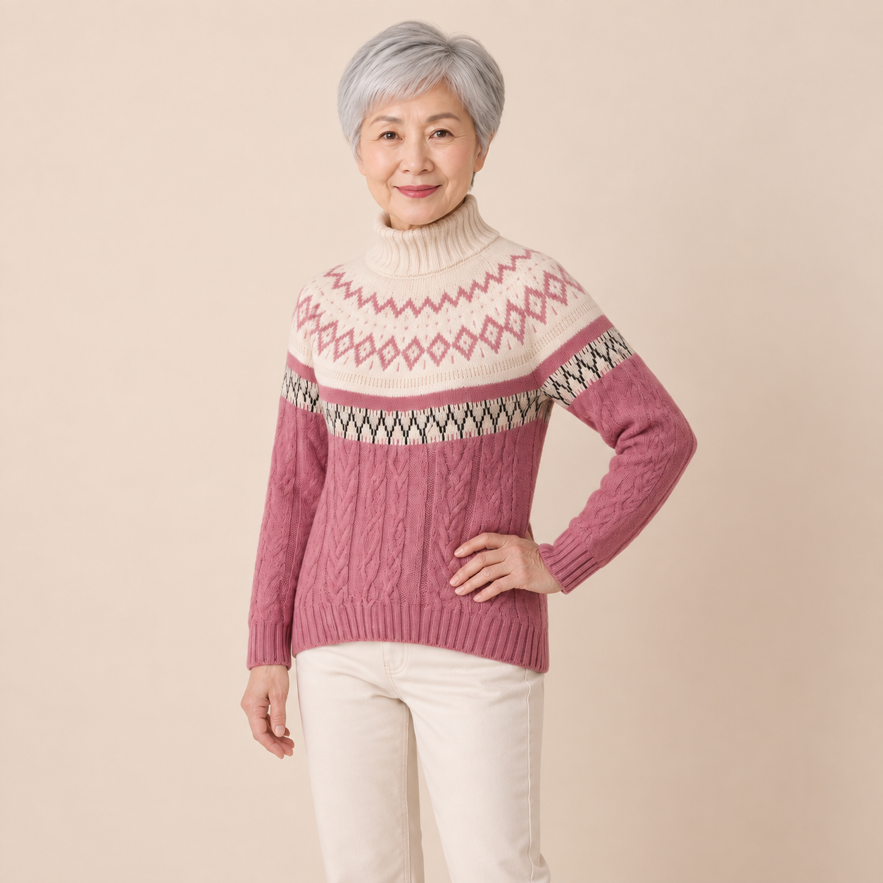 Ingrid rosa Nordpullover – alternative Pose auf beigem Hintergrund