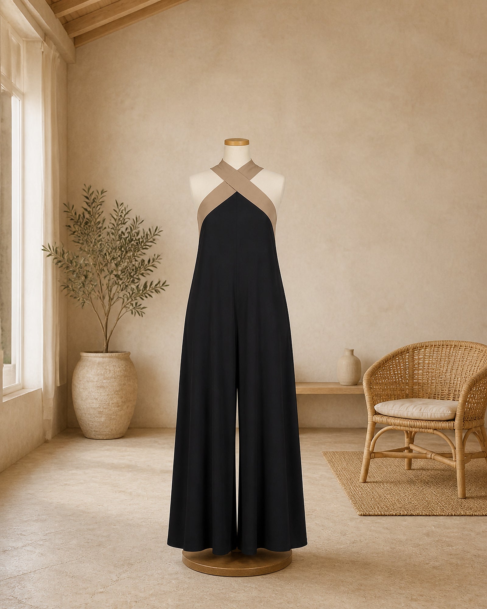 Rochie halter Ioana-Raluca neagră prezentată pe manechin
