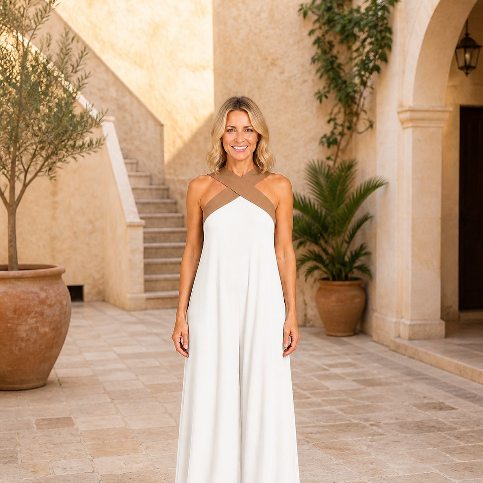 Rochie halter Ioana-Raluca albă, vedere frontală în exterior