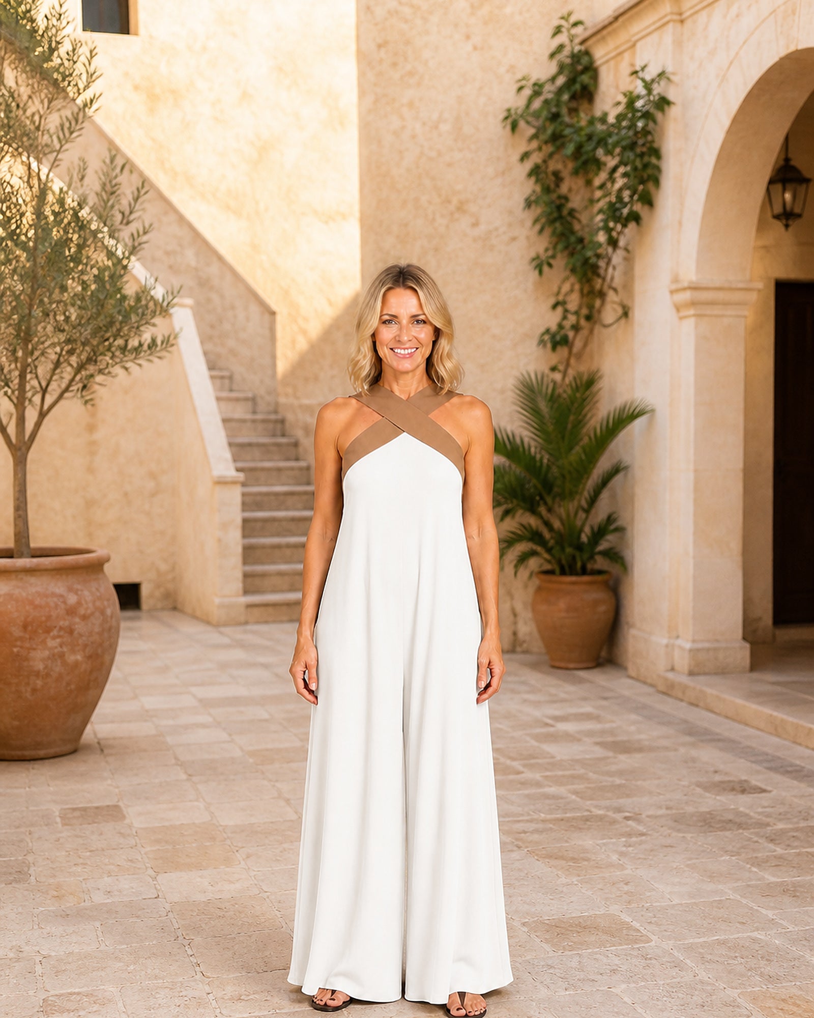 Rochie halter Ioana-Raluca albă, vedere frontală în exterior