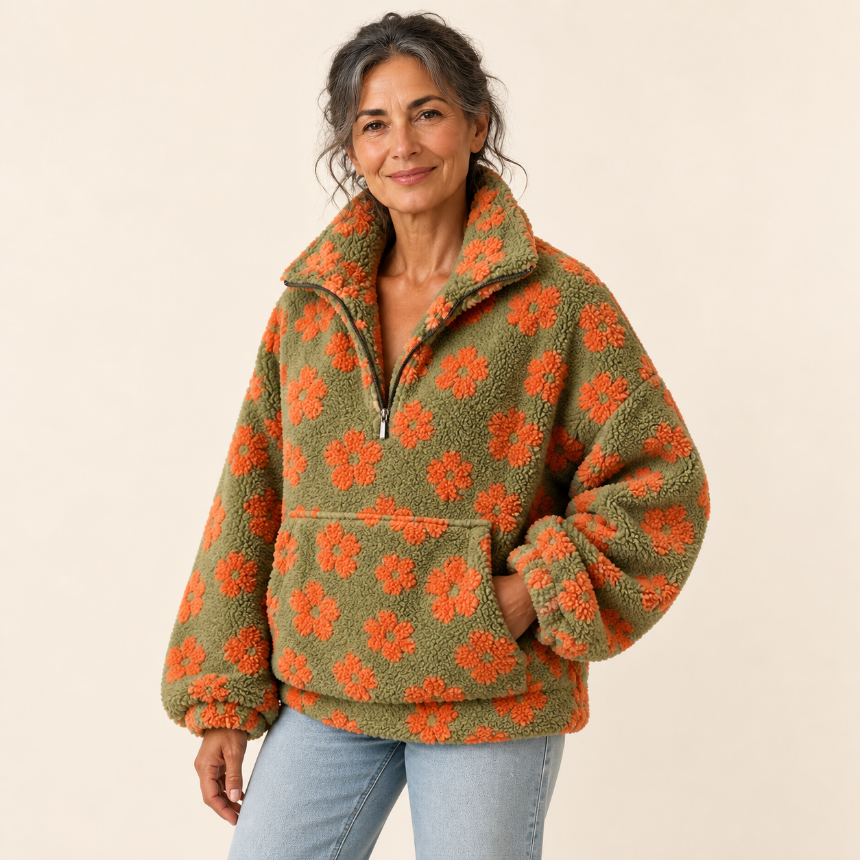 Isabela Sherpa-Pullover – Orange – Modelpose