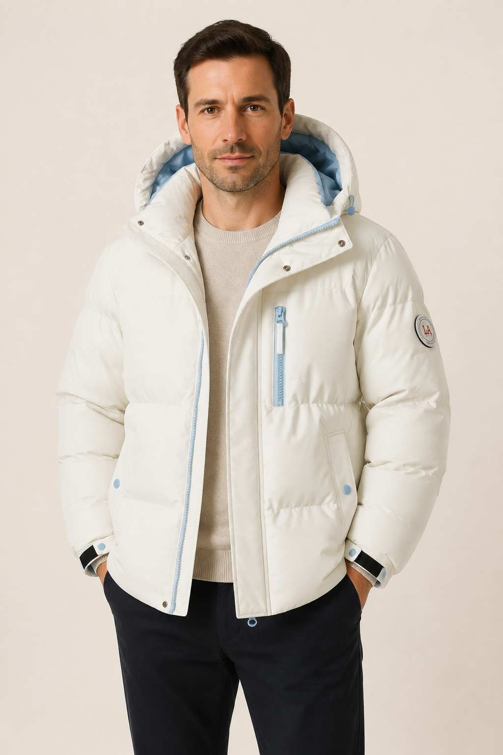 Weiße Daunenjacke mit Kapuze an Mann auf beigem Hintergrund