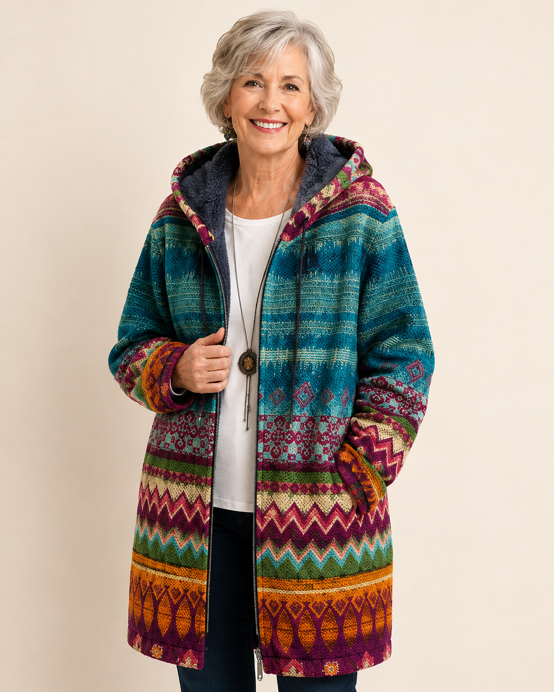 Jedda | Luxurious Cardigan mit künstlerisch Inspiration – warmbeiger Studiohintergrund