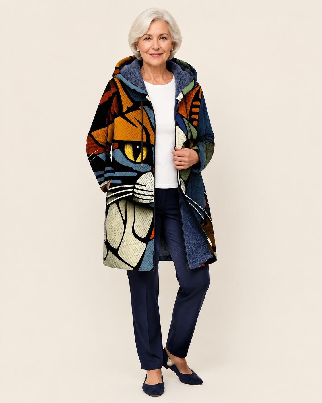 Jindalee | Luxurious Cardigan mit künstlerisch Inspiration – warmbeiger Studiohintergrund