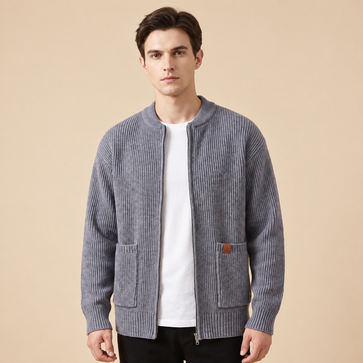 Kaien Herren-Strickjacke in Degree, graue Rippstrickjacke am Model
