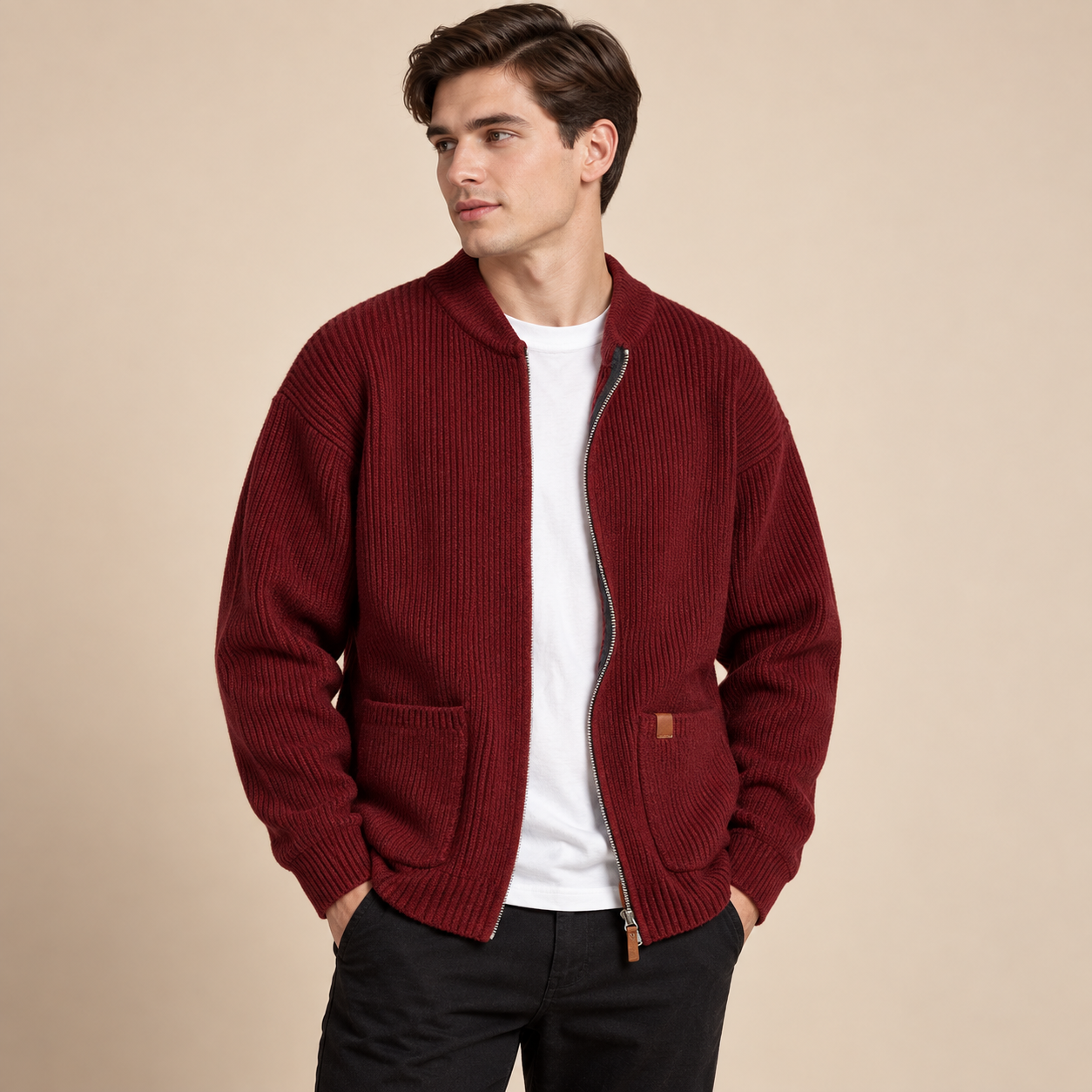 Kaien Herren-Strickjacke in Rot, rote Rippstrickjacke am Model