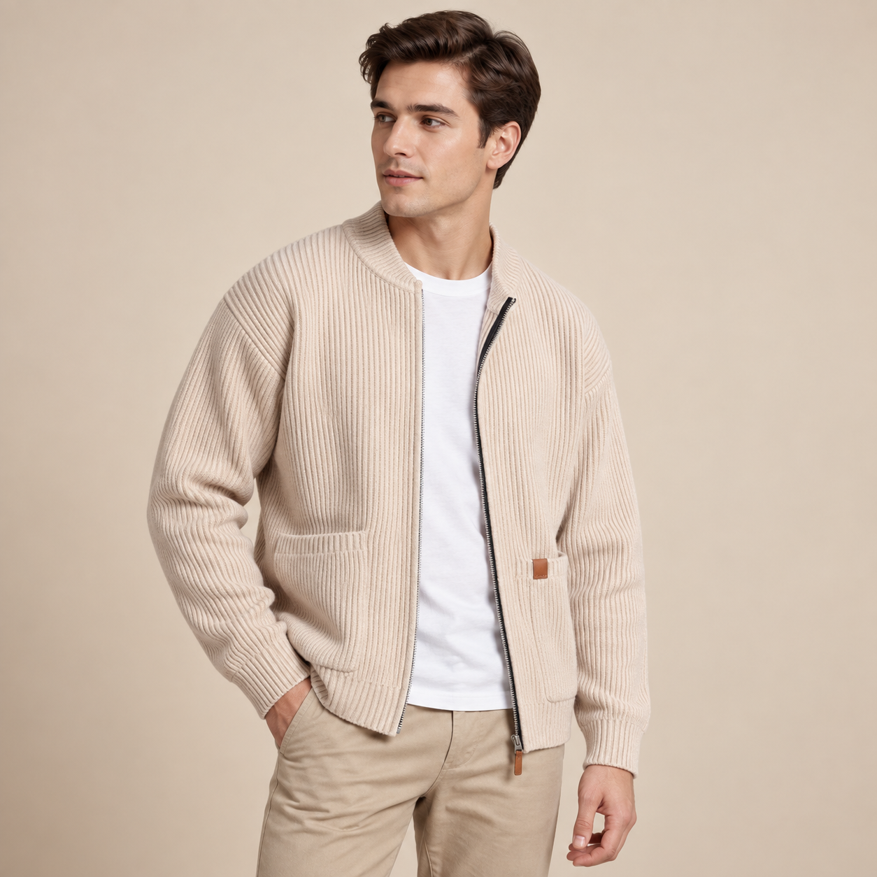 Kaien Herren-Strickjacke in Beige, beigefarbene Rippstrickjacke am Model