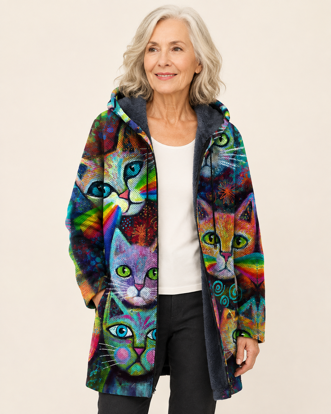 Kalanos | Luxurious Cardigan mit künstlerisch Inspiration – warmbeiger Studiohintergrund