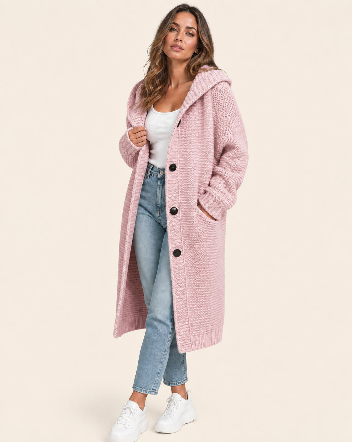 Rosafarbener Oversized Kapuzen-Cardigan auf warmem beigem Hintergrund