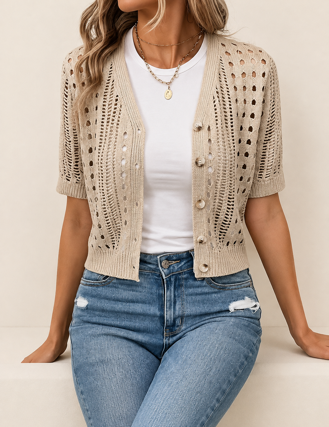 Kendall | Kurzärmeliger Cardigan – uniforme Produktaufnahme
