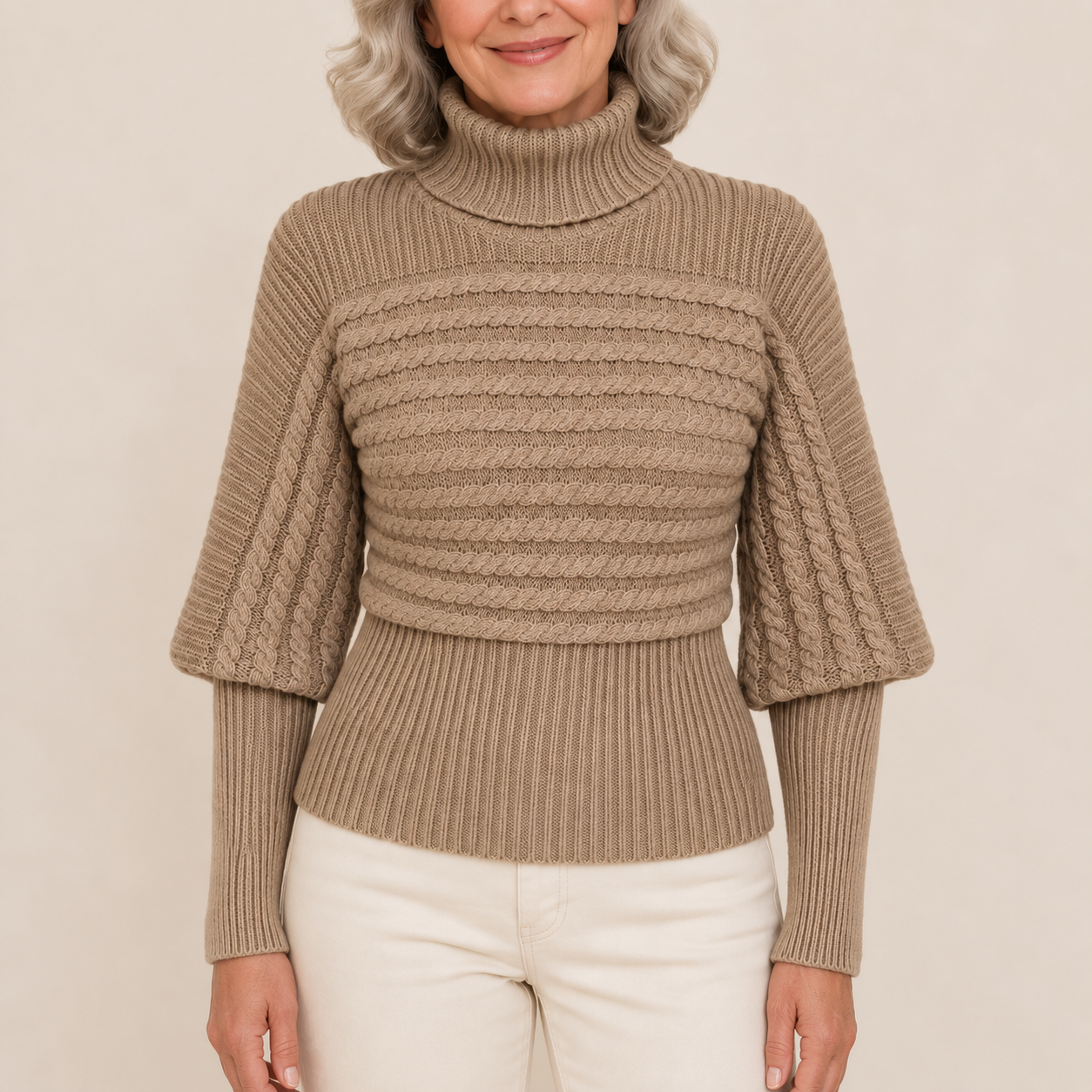 Khaki Zopfmuster-Rollkragenpullover – Detailansicht