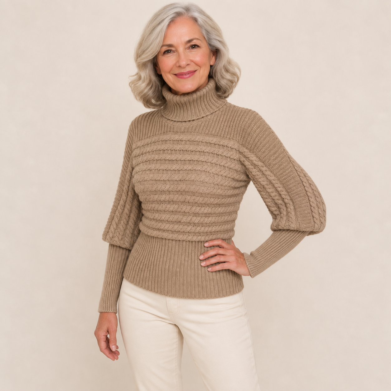 Khaki Zopfmuster-Rollkragenpullover – seitliche Pose