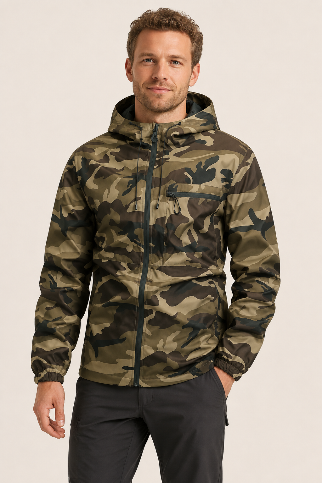 Camouflage-Kapuzenjacke an Mann auf beigem Hintergrund