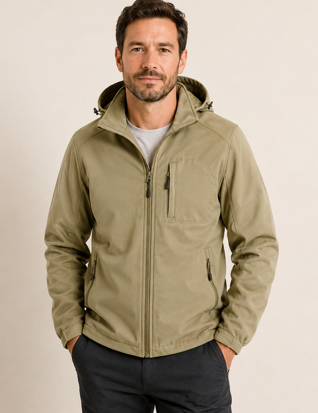 Khakifarbene Softshell-Tacticaljacke an Mann auf warmem beigem Hintergrund