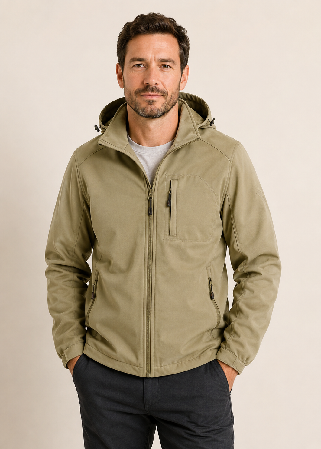 Khakifarbene Softshell-Tacticaljacke an Mann auf warmem beigem Hintergrund