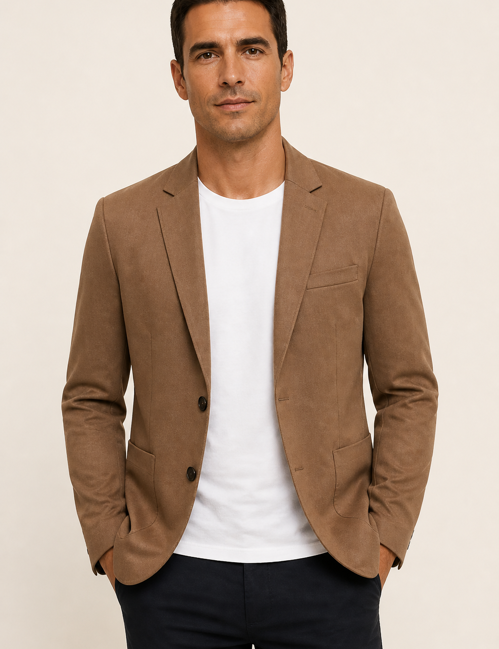 Kingston camelbraune Herrenjacke an Mann auf warmem beigem Hintergrund