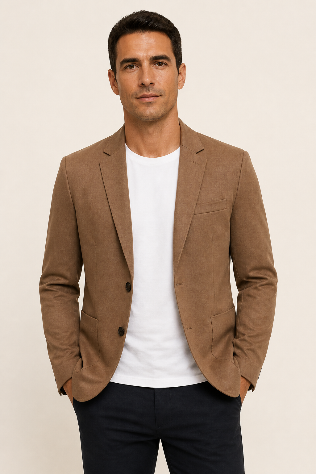 Kingston camelbraune Herrenjacke an Mann auf warmem beigem Hintergrund