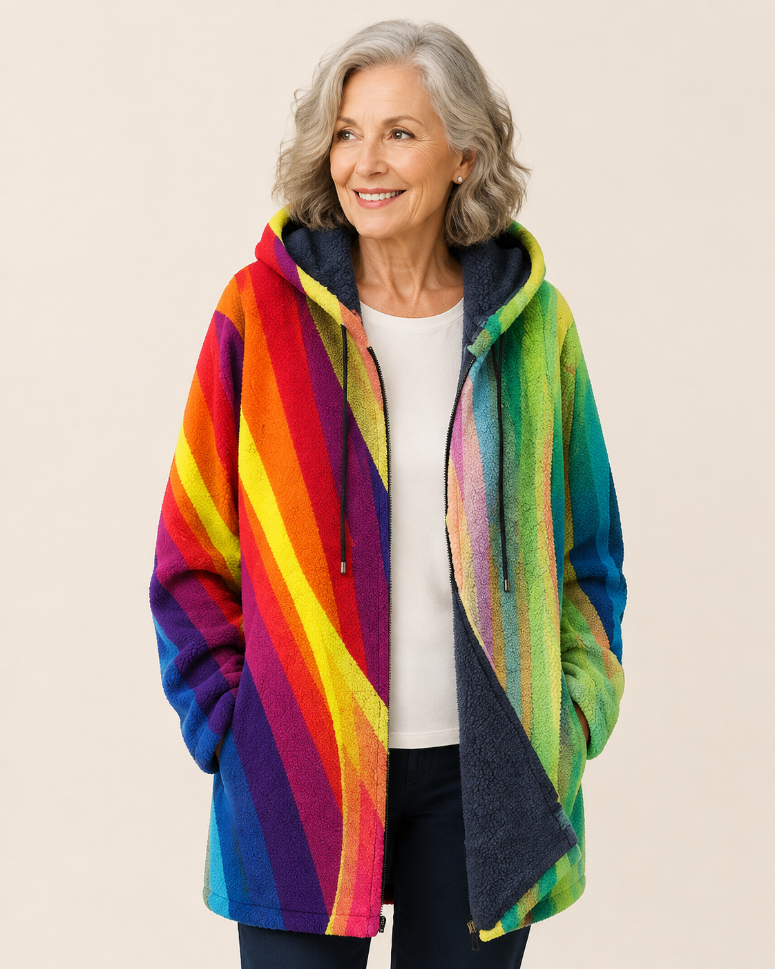Kira | Luxurious Cardigan mit künstlerisch Inspiration – warmbeiger Studiohintergrund