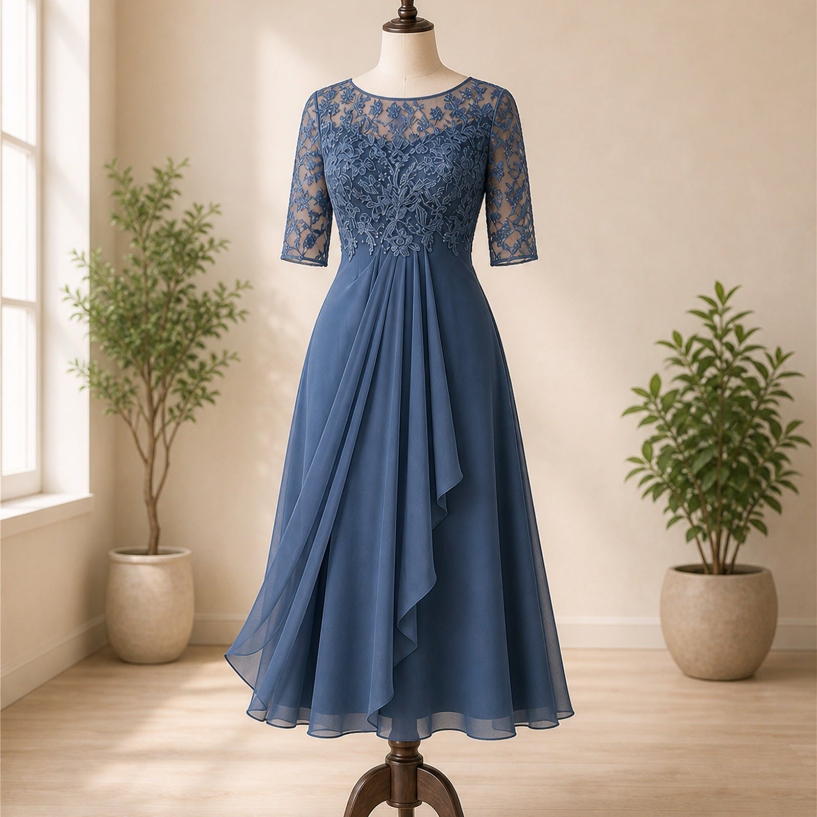 Rochie elegantă albastră Laura prezentată pe manechin