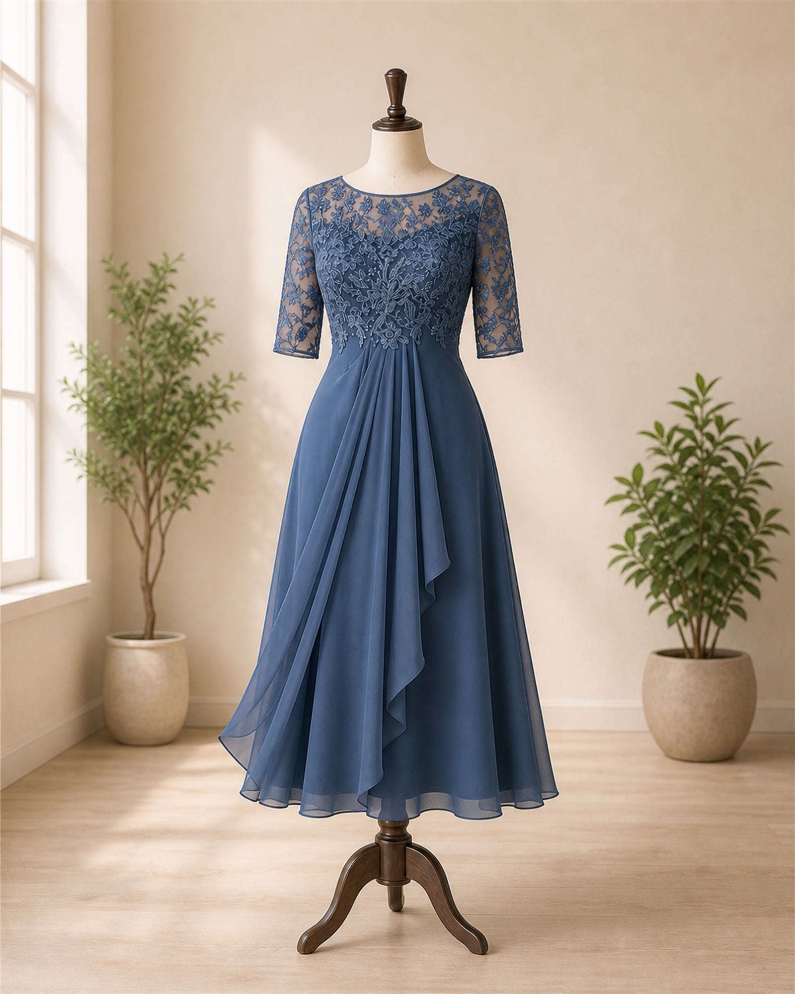 Rochie elegantă albastră Laura prezentată pe manechin