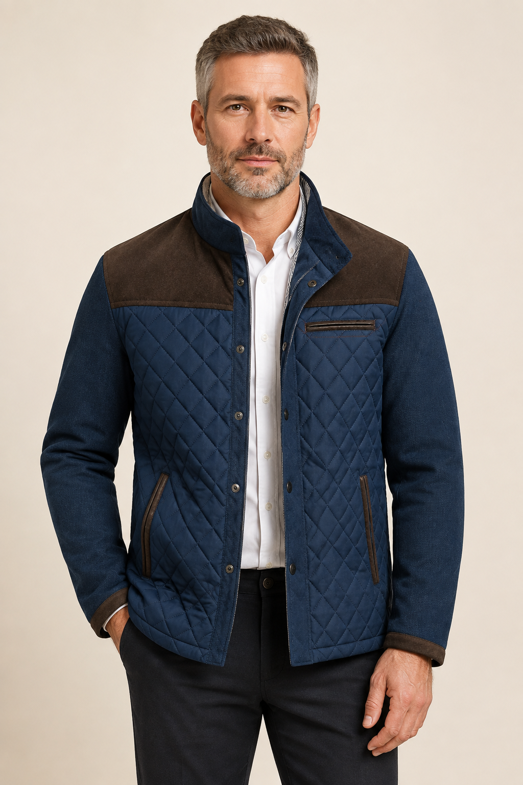Laurent Monaco dunkelblaue Luxus-Herrenjacke an Mann auf warmem beigem Hintergrund