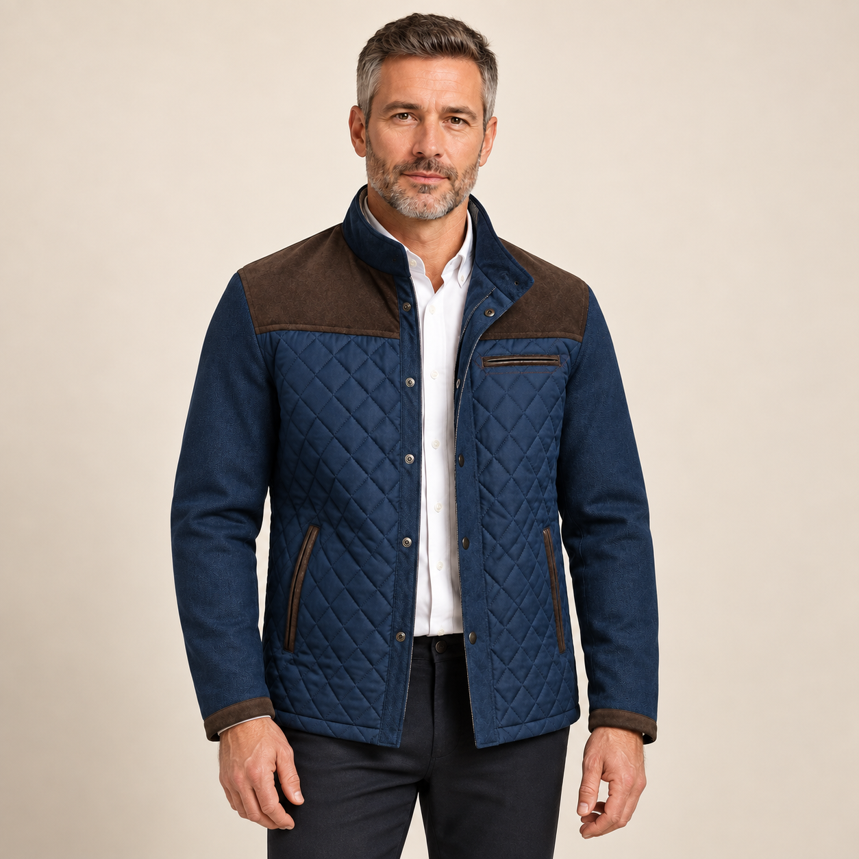 Laurent Monaco Herrenjacke in Braun mit Steppung, braunem Schulterbesatz und Stehkragen am Model