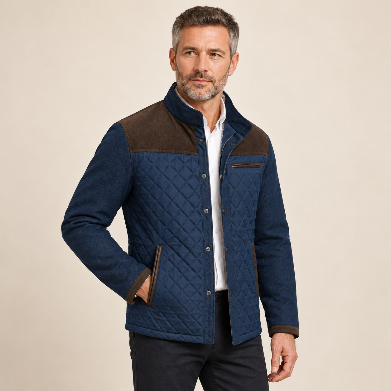 Laurent Monaco Herrenjacke in Braun mit Steppung und braunen Details am Model in Dreiviertelansicht