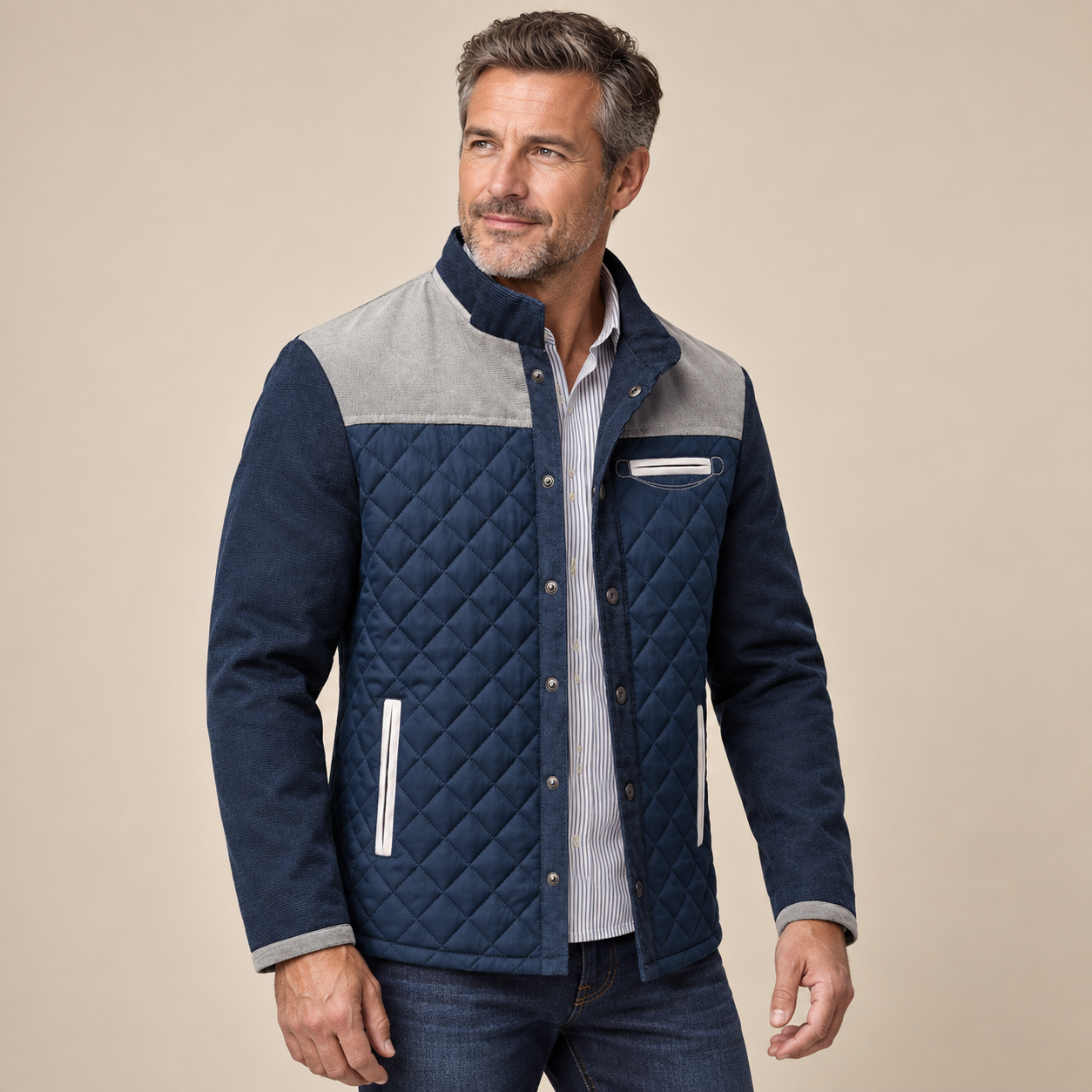 Laurent Monaco Herrenjacke in Degree mit grauem Schulterbesatz und weißen Tascheneinfassungen am Model
