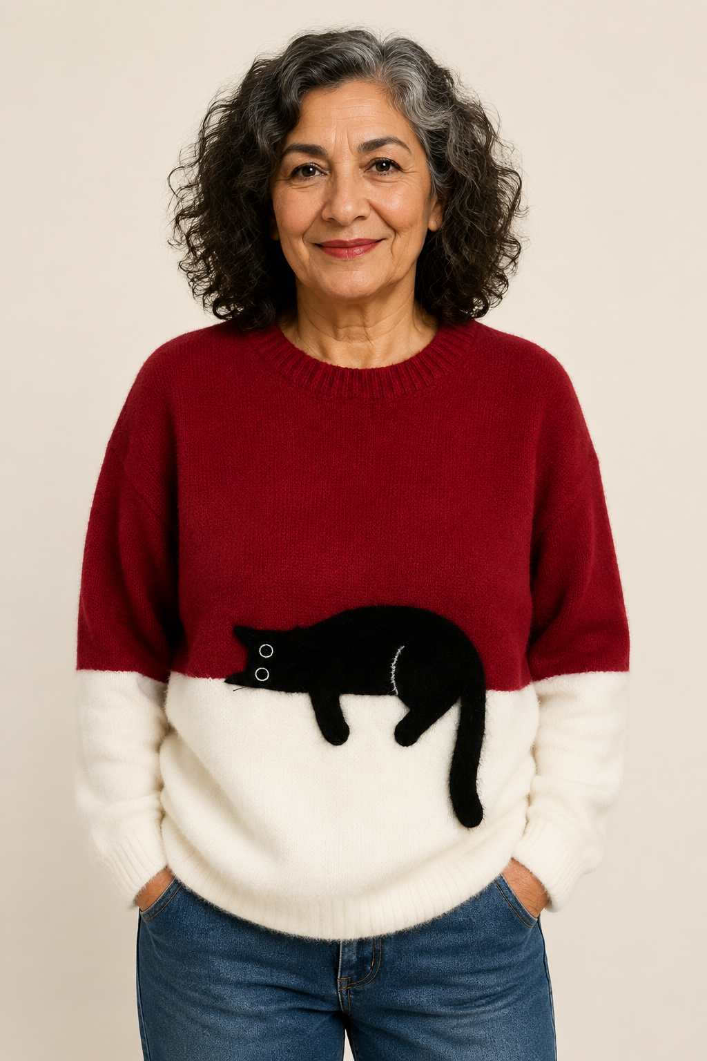 Lira rot-weißer Pullover mit schwarzem Katzenmotiv an reifer Frau auf warmem beigem Hintergrund