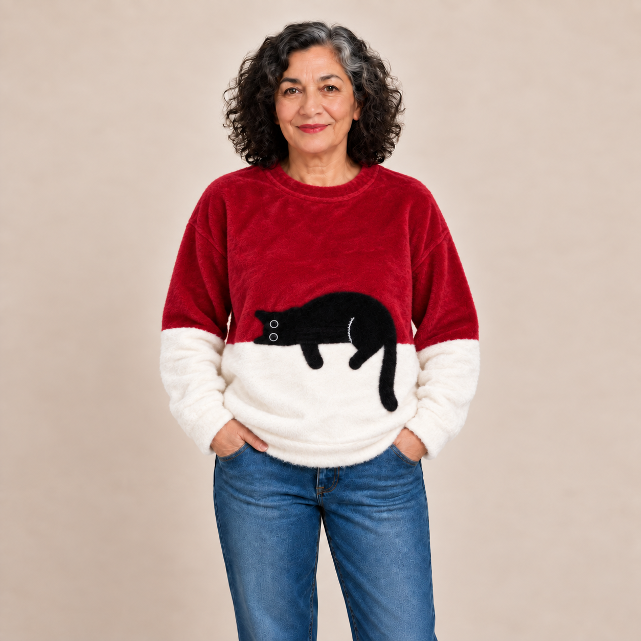 Lira Katzenpullover – Rot – Frontalansicht – Plüschmaterial am Model