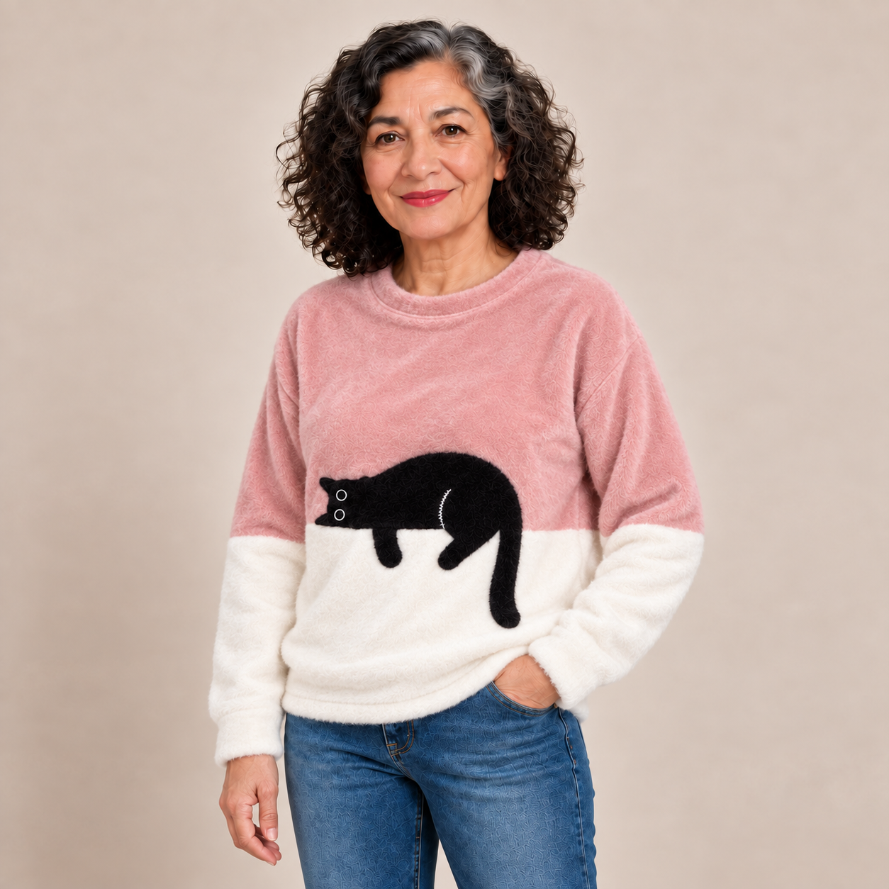 Lira Katzenpullover – Rosa – Plüschmaterial am Model