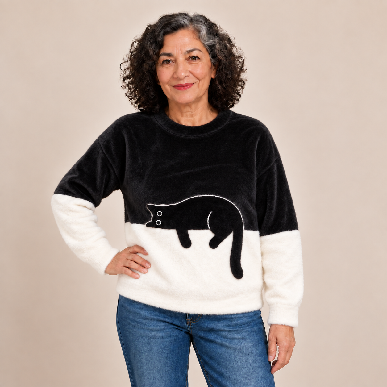 Lira Katzenpullover – Schwarz – Plüschmaterial am Model