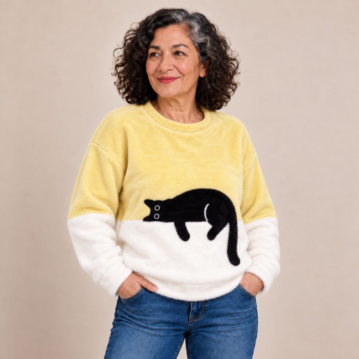 Lira Katzenpullover – Gelb – Plüschmaterial am Model