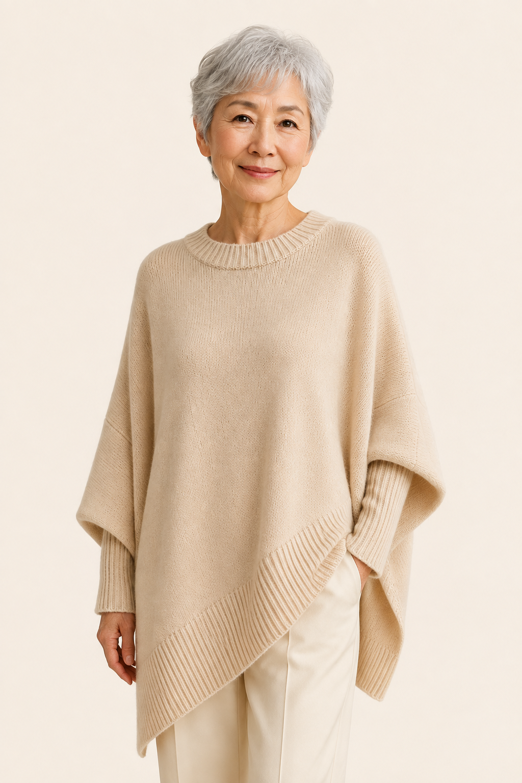 Livia cremefarbener Oversize-Poncho-Pullover an reifer Frau auf warmem beigem Hintergrund