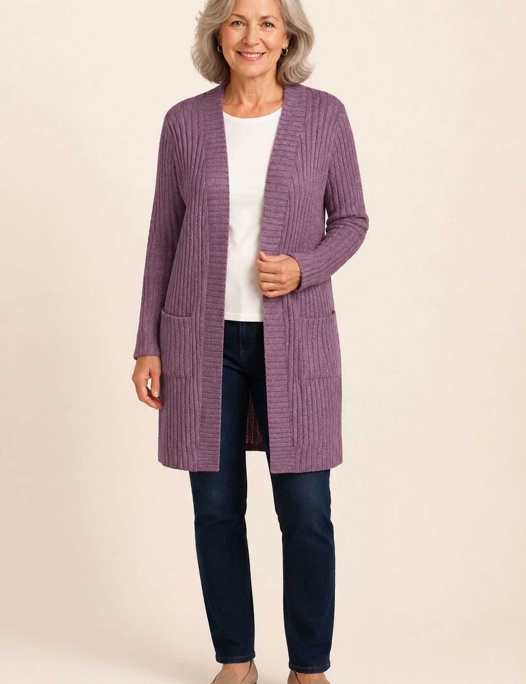 Damen Longline lang-Sleeve Cardigan mit Taschen – warmbeiger Studiohintergrund