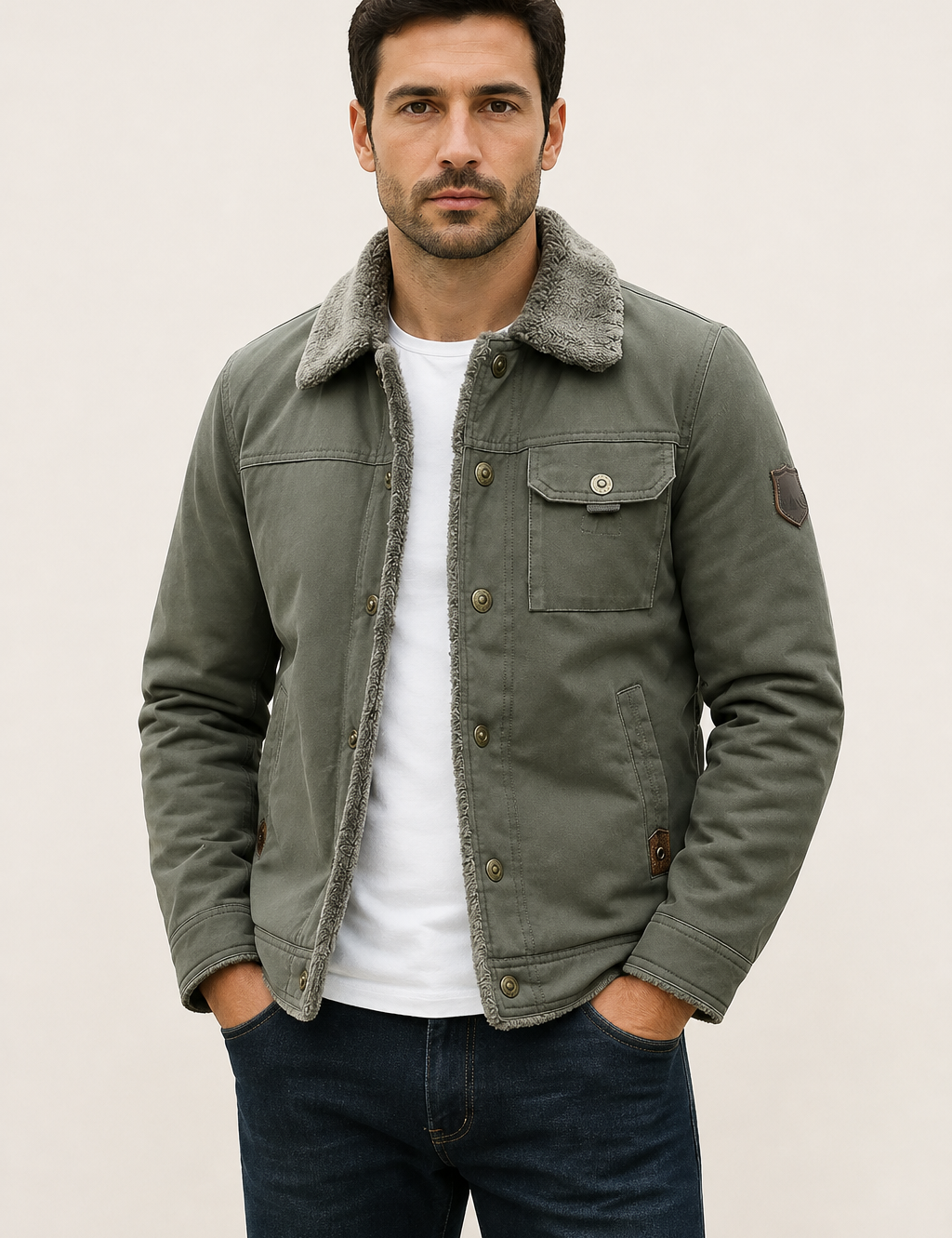 Lorenz salbeigraue Herrenjacke mit Sherpa-Futter an Mann auf warmem beigem Hintergrund