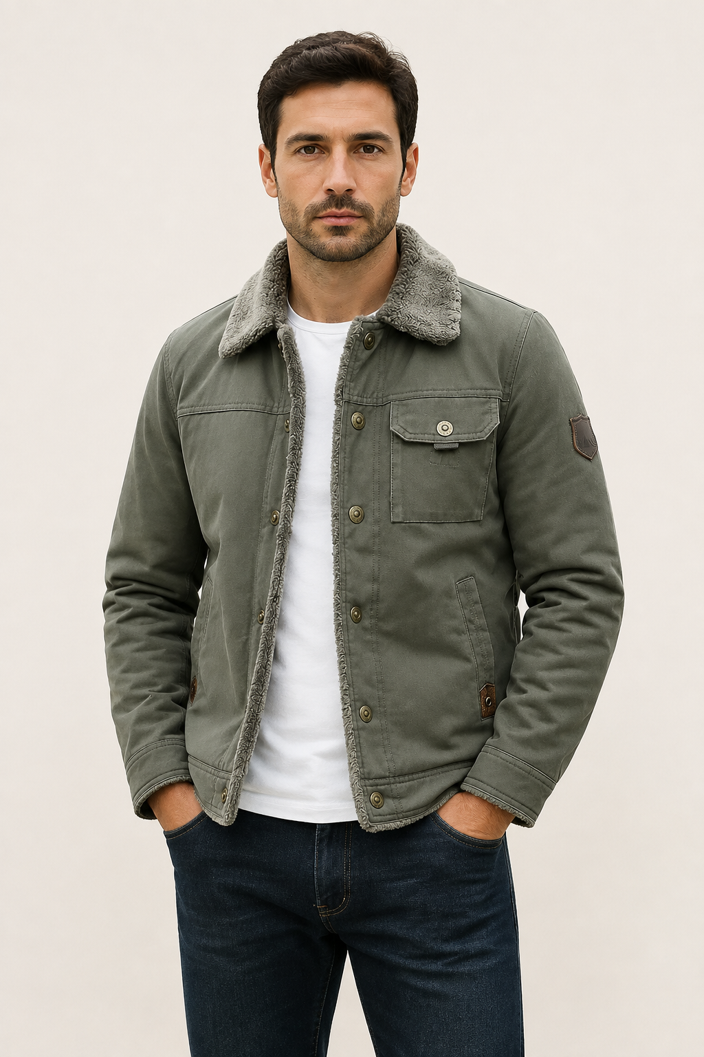 Lorenz salbeigraue Herrenjacke mit Sherpa-Futter an Mann auf warmem beigem Hintergrund