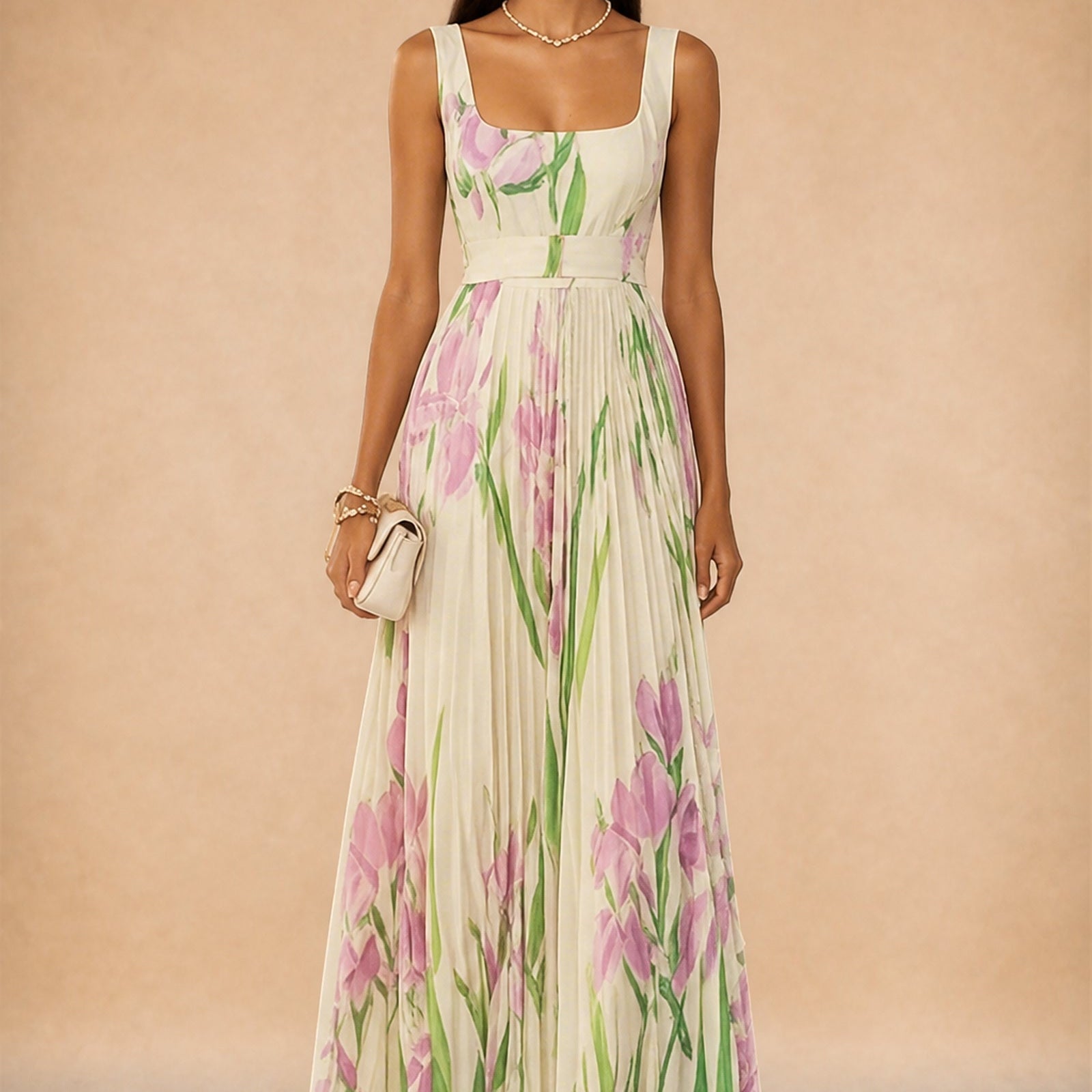Luana - rochie maxi florală bej, vedere frontală în studio