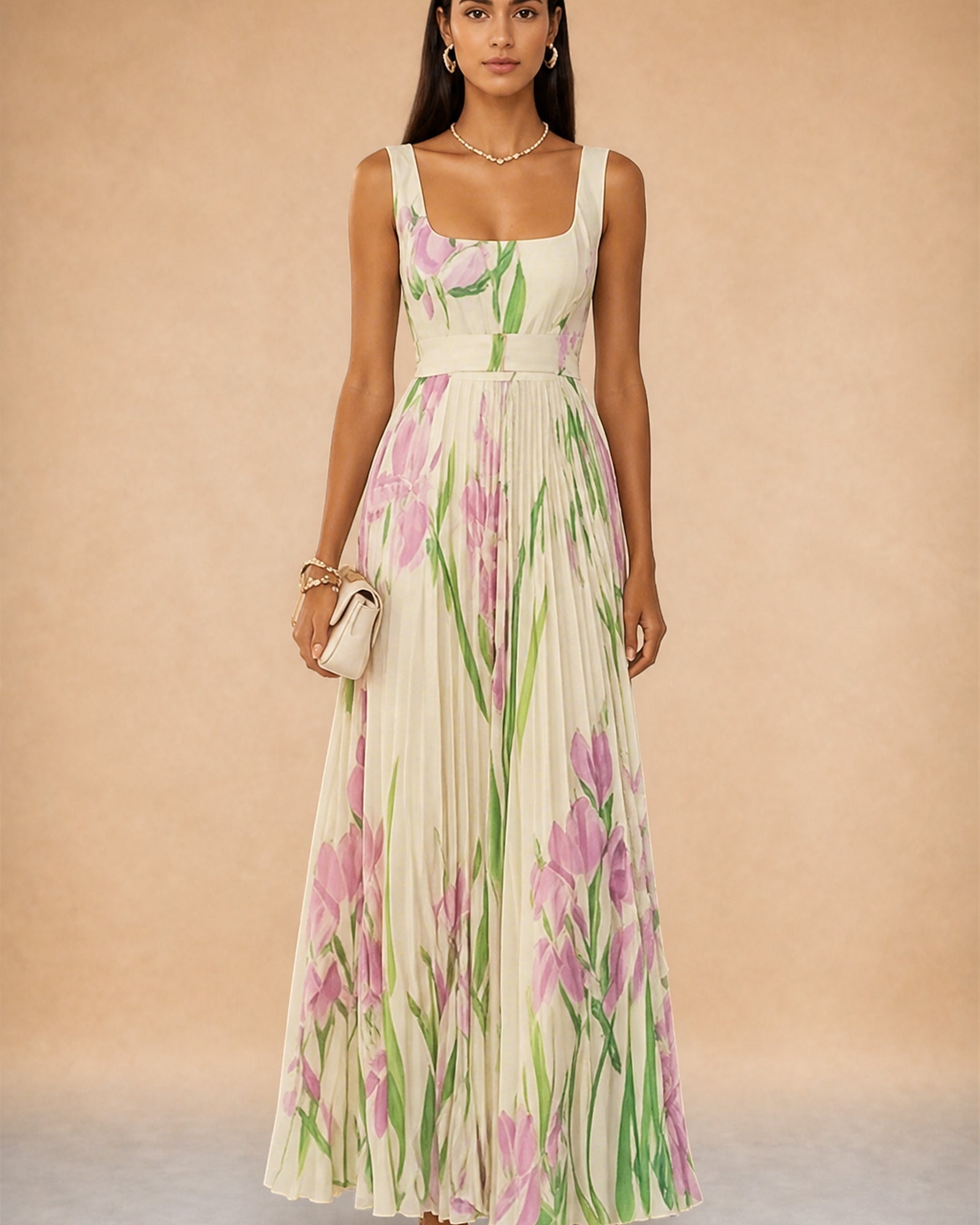 Luana - rochie maxi florală bej, vedere frontală în studio